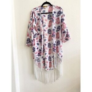 Dolce Bonita Floral Fringe Kimono Pink‎ Purple White Cover Up Womens Large